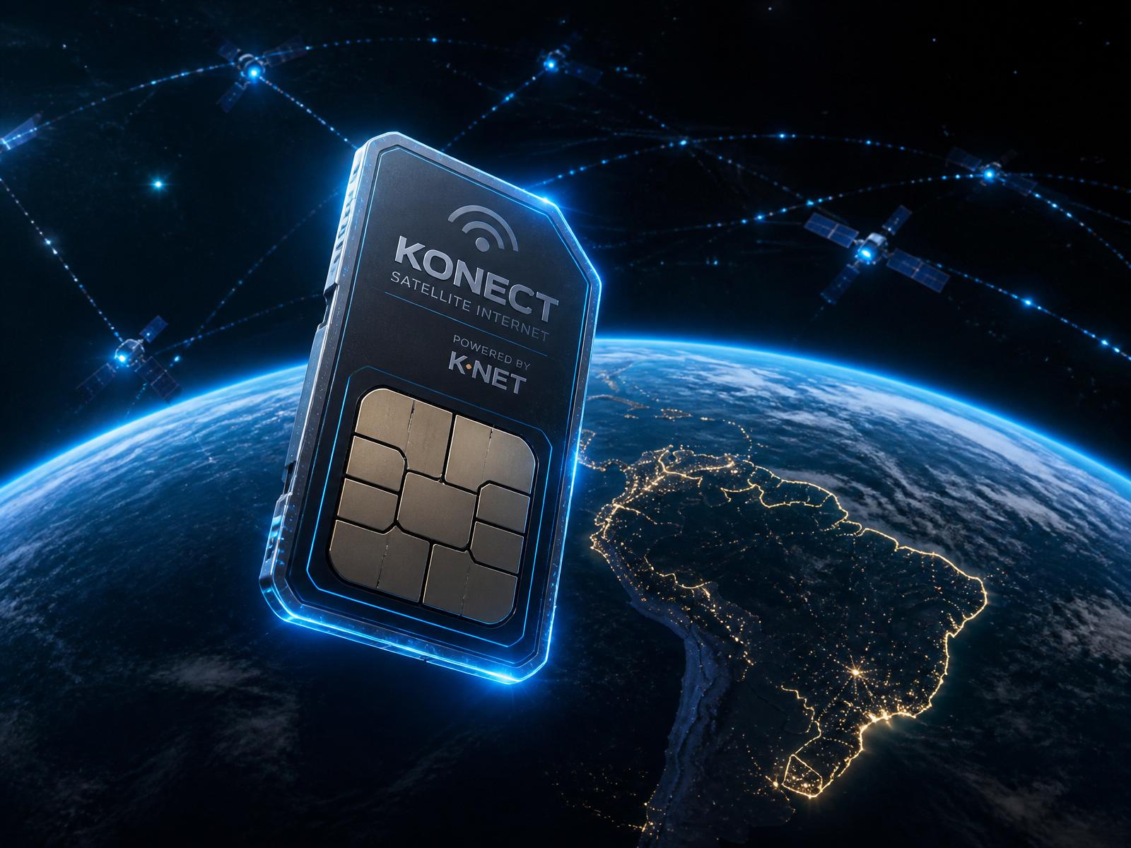 Chip Starlink com constelação de satélites sobre o Brasil